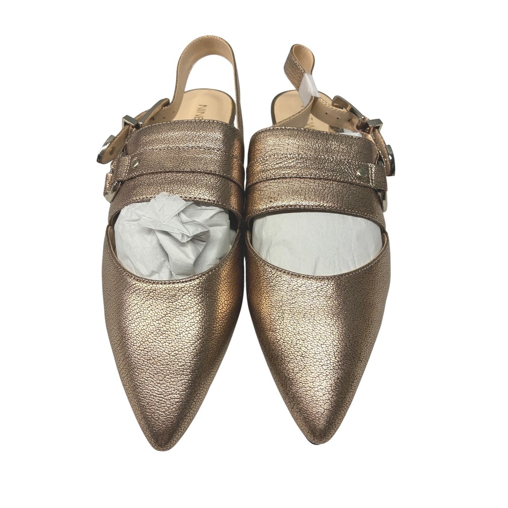 Nine West Pointed Toe Slingback Flats Womens 9.5M Metallic Gold Buckle Party
